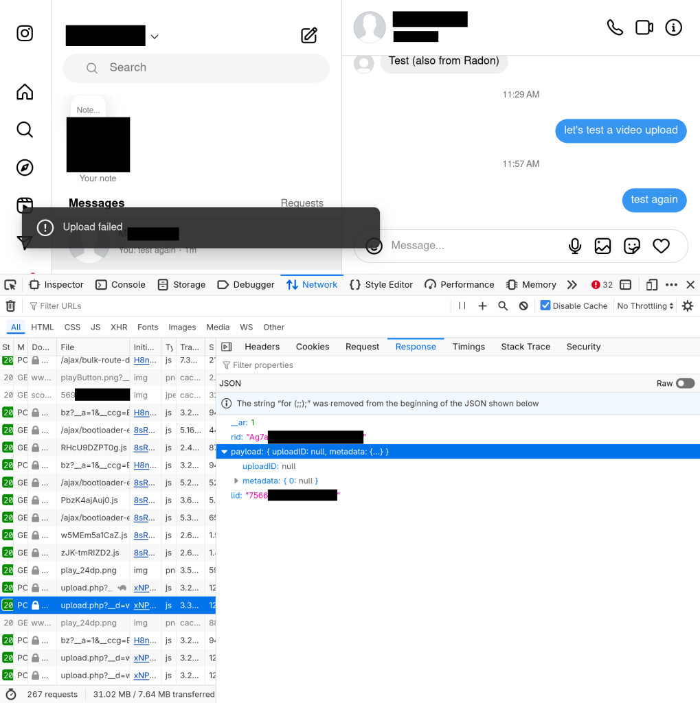 Screenshot of Instagram web client showing an error message 'Upload failed', and the browser developer tools showing the network request returning a null value for 'uploadID'