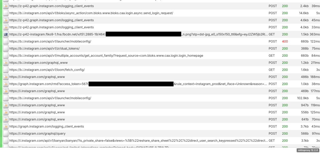 Screenshot of the mitmproxy web interface, showing successfully decrypted requests to a variety of Instagram-related hostnames made by the Instagram Android app