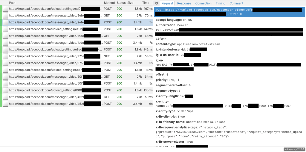 Screenshot of the mitmproxy web interface, showing a POST request to 'rupload.facebook.com' of type video/mp4